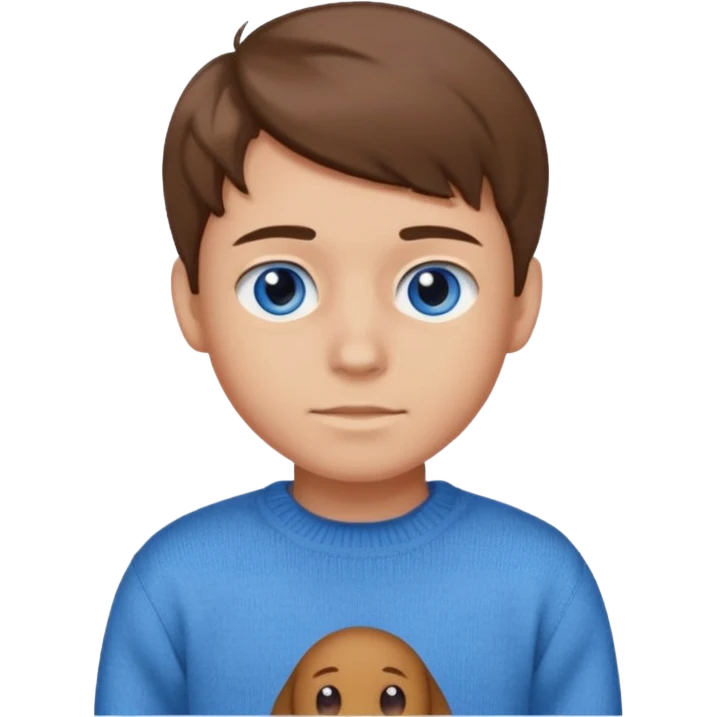light-skinned, slightly broad teenage boy with brown hair styled slightly over face, blue eyes, wearing a sweater and jeans, emoji style, no background emoji