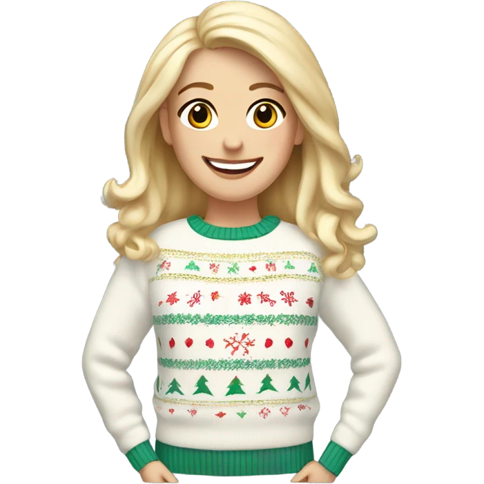 Happy white woman with blonde hair and white christmas jumper  emoji