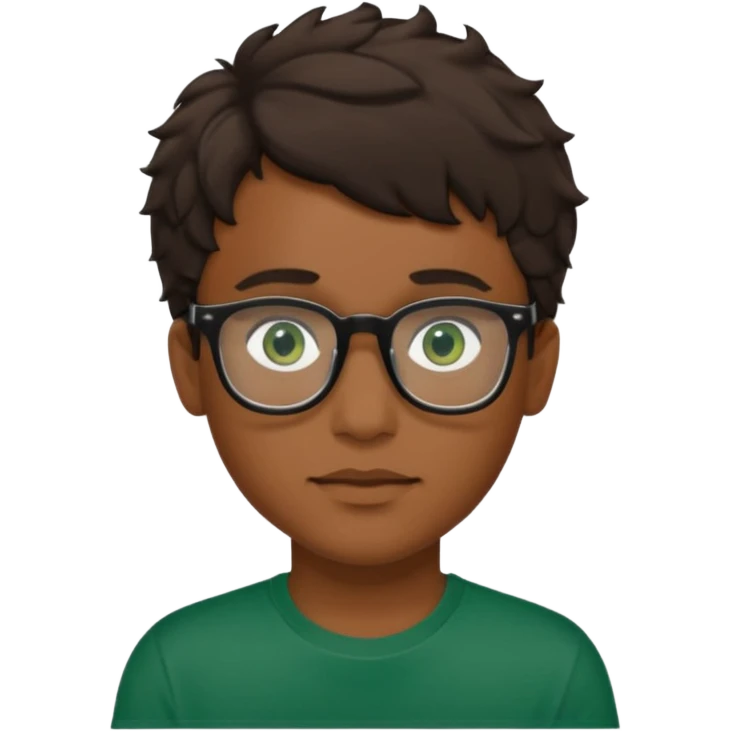 Garçon brun avec des cheveux ondulés courts, peu légèrement bronzée, des yeux verts foncés, un t shirt noir et des lunettes rectangulaires transparentes emoji