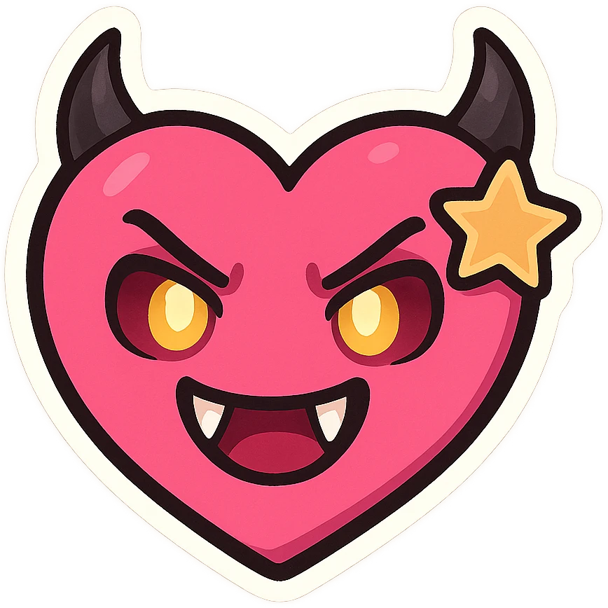 devil emoji, chibi style, pink and black colors, heart-shaped face, sharp fangs, glowing eyes, dramatic shadows, star accessory emoji