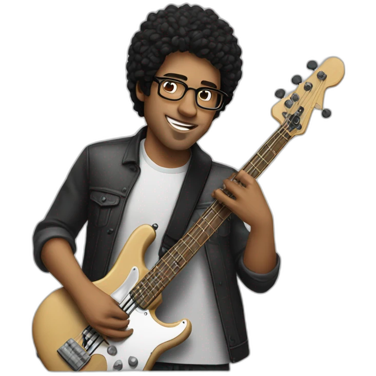 white guy, black hair, wearing glasses, playing bass guitar emoji