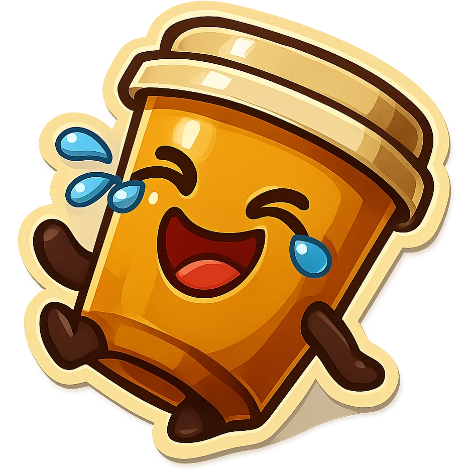 Tall coffee cup, laughing hard, tears in eyes, fallen over, dramatic laugh emoji