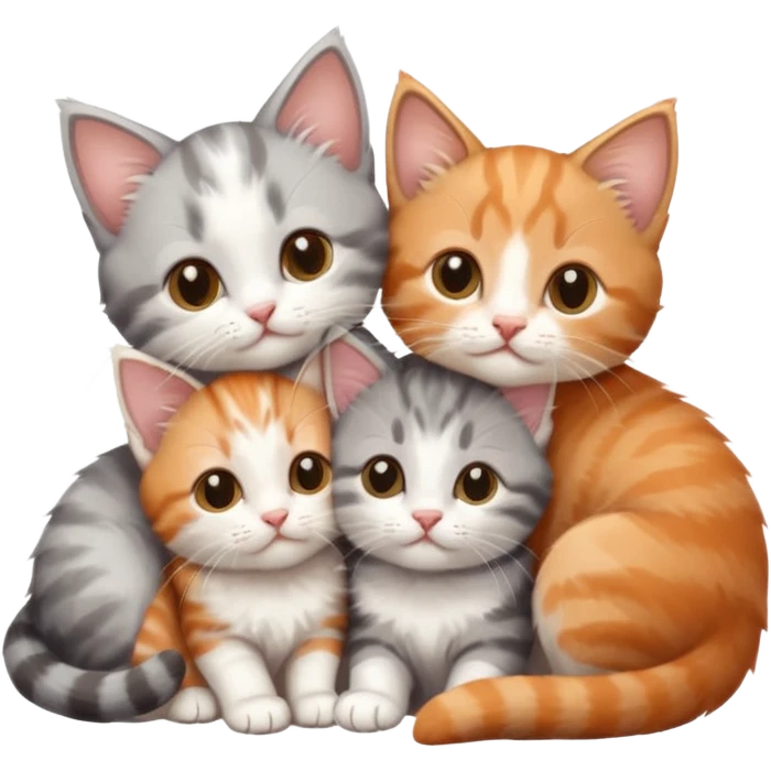 3 tiny kittens cuddling together all different colours, the first one is grey and white, the second is ginger and white and the third is brown tabby and white emoji