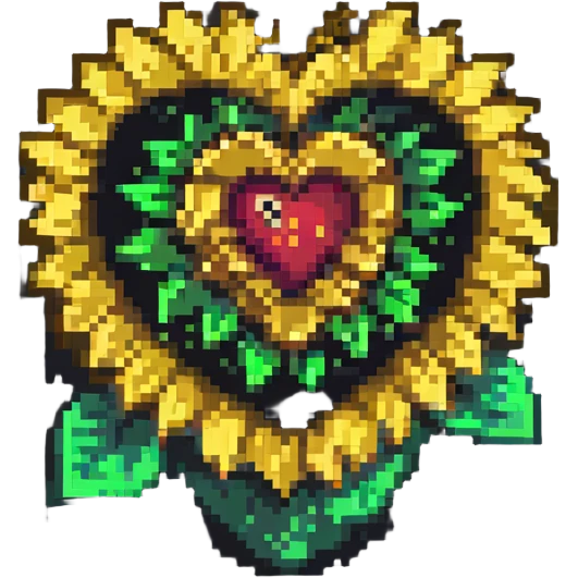 a sunflower blooming around a human heart, 8-bit style, pixel art emoji