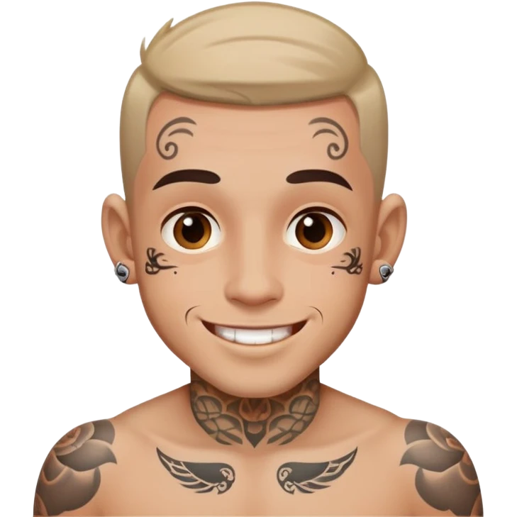 man with small face tattoos, cheerful expression emoji
