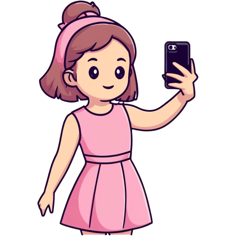 girl wearing a cute pink dress taking a selfie emoji