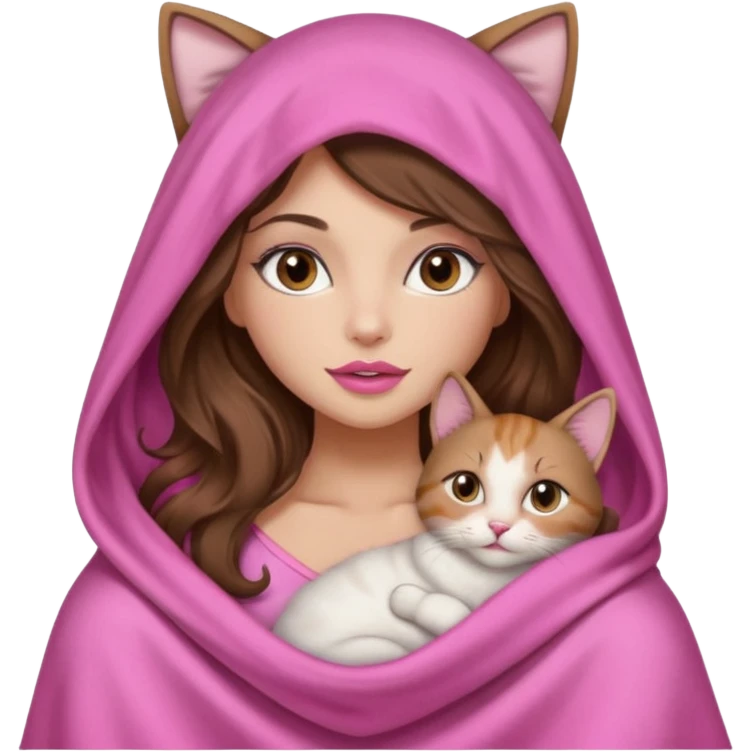 girl with long wavy brown hair, brown eyes, long lashes makeup, sexy pink lips, light to medium complexion, wearing a pink sexy silk top, big blanket over the head cozy holding a cat, no cat ears on the hood emoji