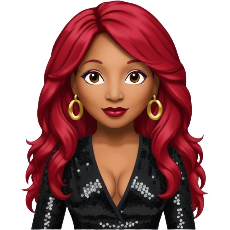 Traci Braxton with long dark red hair, black sequin outfit emoji