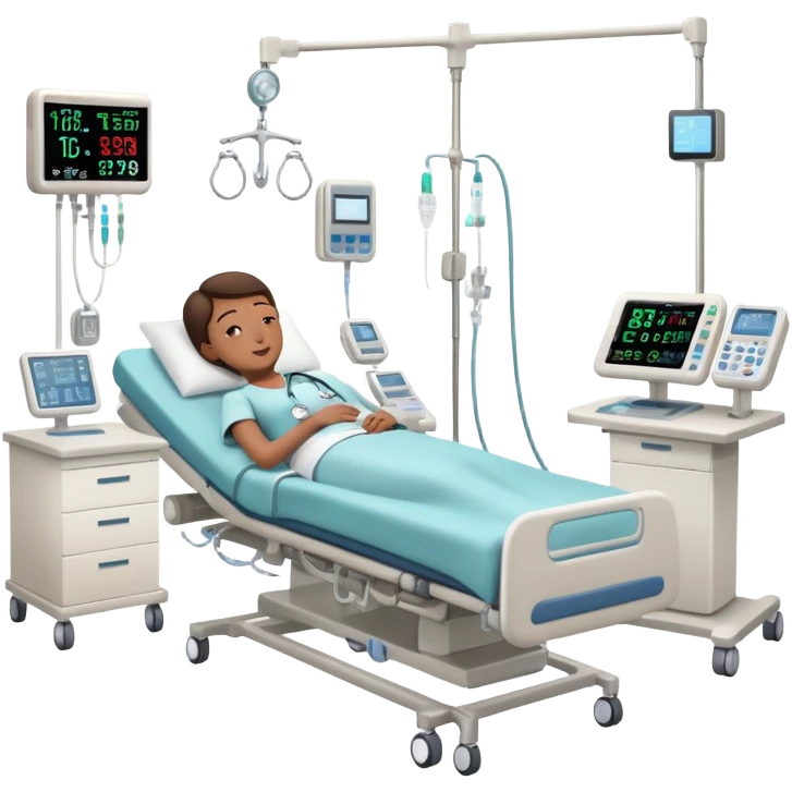 Hospital sleep laboratory room with patient in hospital bed connected to sleep monitoring equipment, nurse checking vitals, medical charts, and hospital IV stand emoji