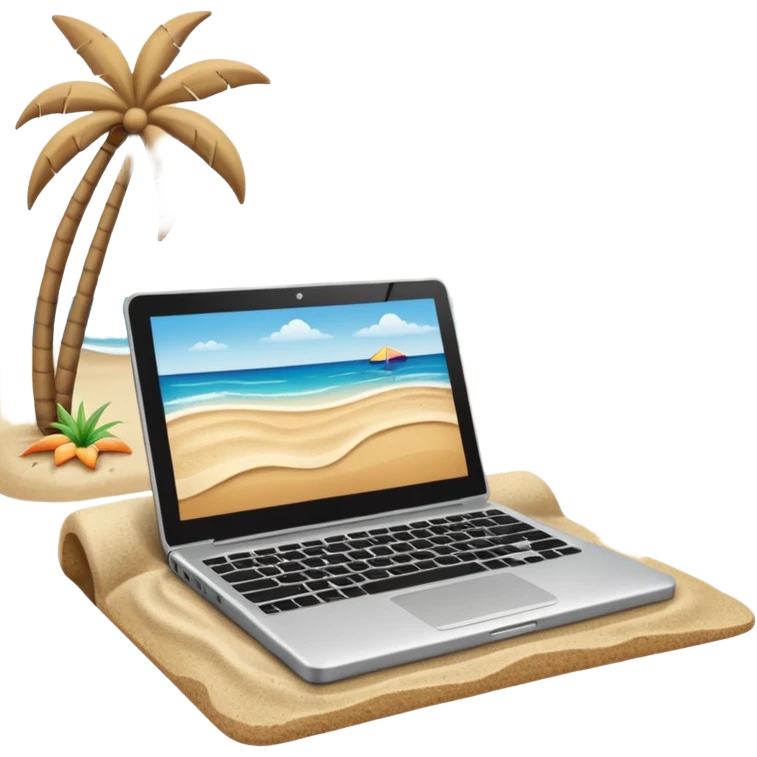  An open laptop in the foreground on the beach. emoji