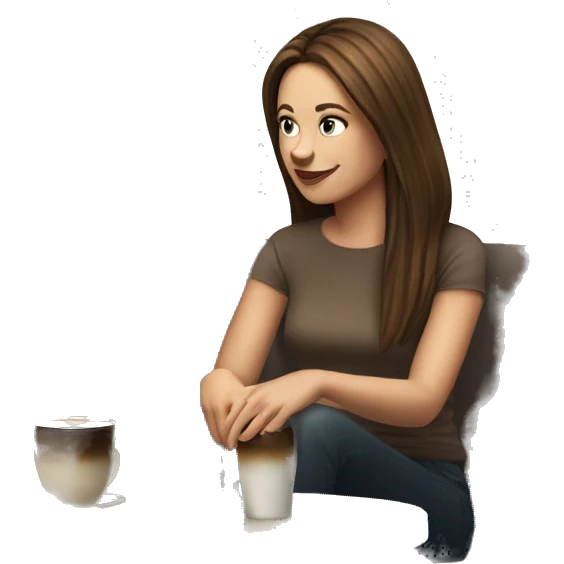 Side view realistic posh brown straight haired pale woman sits at the coffee table emoji