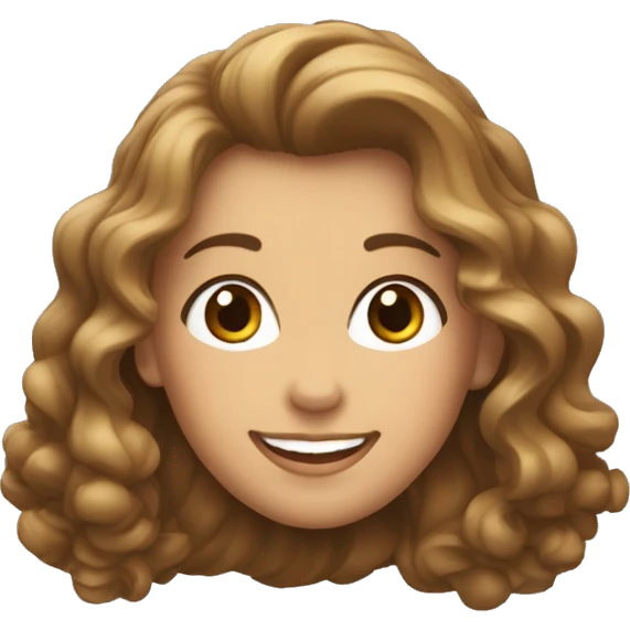 Mujer blanca con pelo rizado, castaño y largo y una gran sonrisa emoji