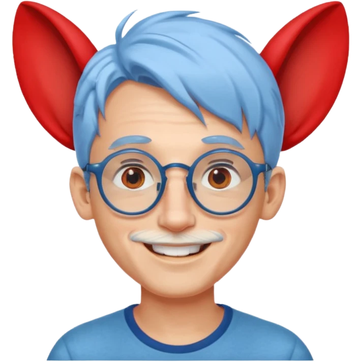 light blue haired man mid length hair with big ears and red earrings and spectaclesi happy emoji