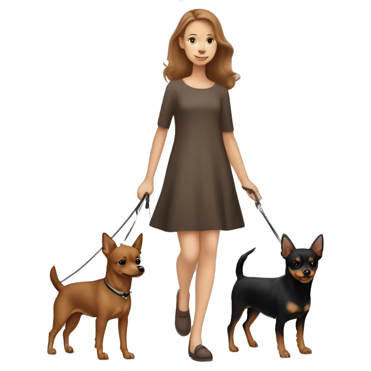 A light brown haired girl, walking one mini black and tan miniature Pinscher and one bigger, fluffy & light brown Spitz on the lead emoji