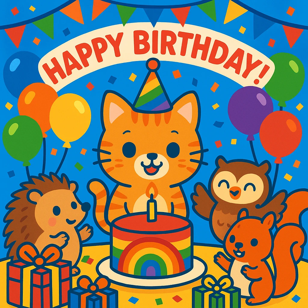 vibrant-toon style birthday party scene with a rainbow color theme including rainbow balloons, multicolored decorations, confetti, a large rainbow birthday cake, gifts, and a festive atmosphere. Main character is a ginger tabby kitten wearing a birthday hat, surrounded by a hedgehog, owl, and squirrel also celebrating. Prominent 'Happy Birthday!' message included in the scene. emoji