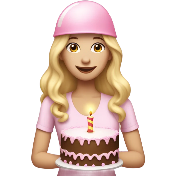 White woman, long hair, blonde hair, wavy hair, baby pink party hat, holding birthday cake emoji