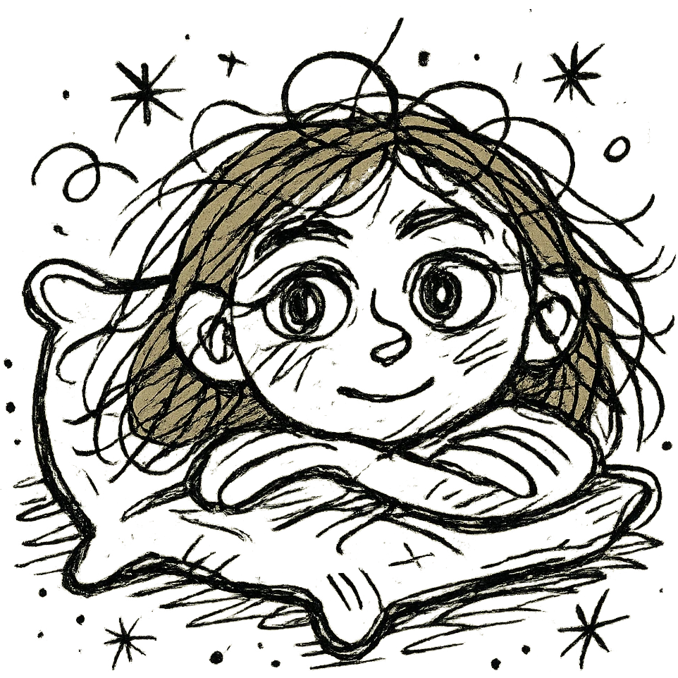 An illustration of a girl lying on a pink pillow. She has light brown hair and gray eyes. The style should be a chaotic icon, inspired by iOS 18 style icons. The icon should have a hand-drawn, chaotic appearance with irregular lines and a playful, sketchy feel. emoji