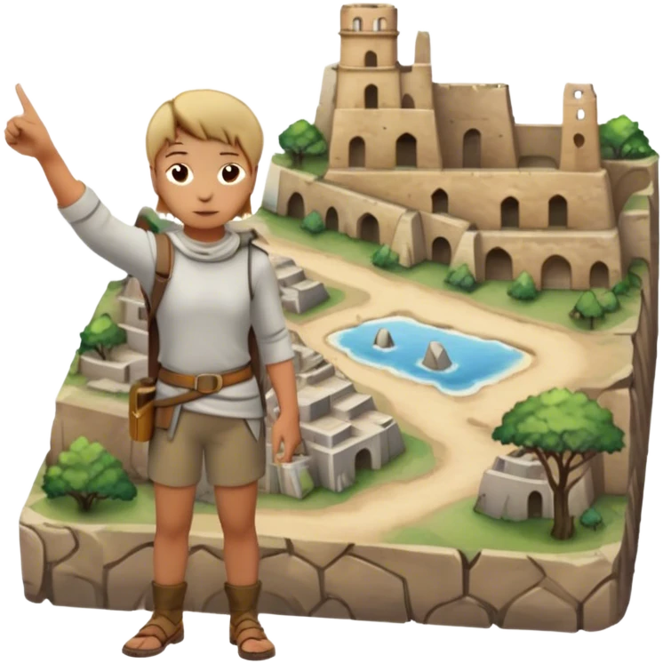 Icon for Documentary Film (TV style): A traveler pointing backward and narrating in front of ancient ruins. Include elements like historical landmarks, maps, and exploration tools to evoke a sense of adventure. Transparent background. emoji