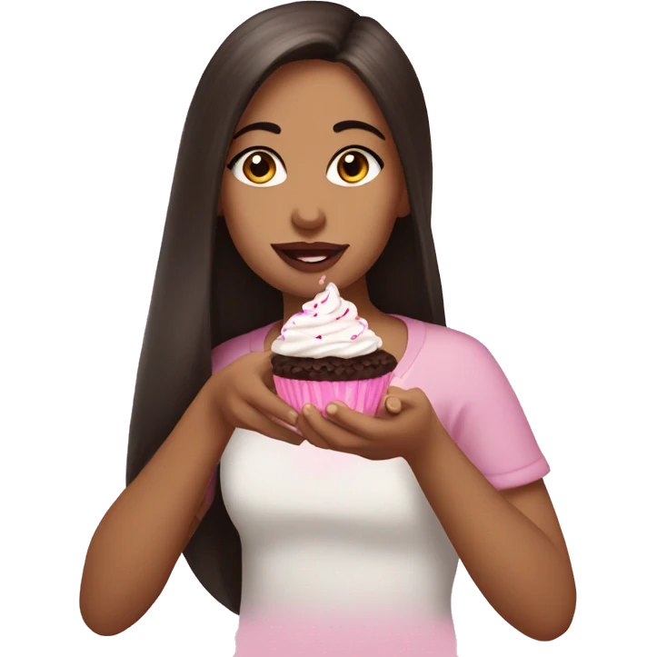 girl with pretty eyelashes and long dark brown hair and brown eyes and pink lips eating a cupcake  emoji