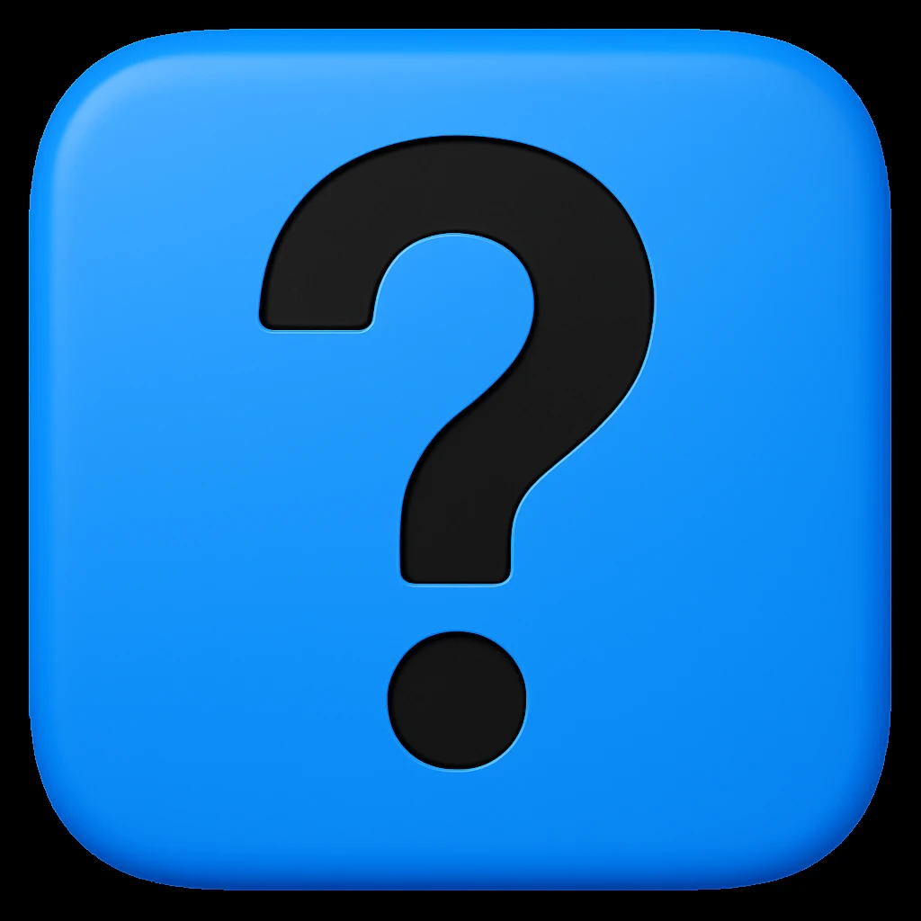 Create an emoji style image of a blue square with a black question mark in the center. The style should resemble typical emoji aesthetics with clear, simple shapes and colors. emoji