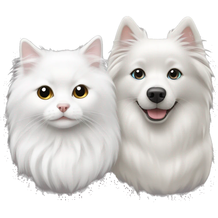 one white japanese spitz and one ragdoll cat that is greay emoji