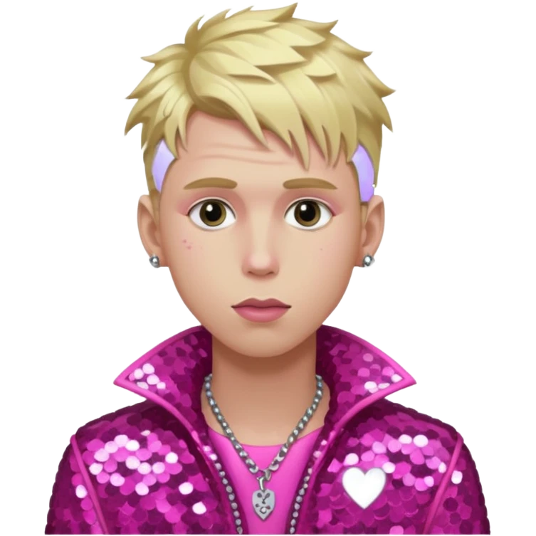 Machine Gun Kelly with blonde hair, dark pink sequin outfit emoji