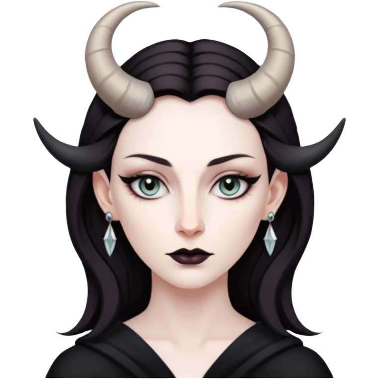 Woman with subtle horns, smooth skin and sharp gaze, divine corruption emoji