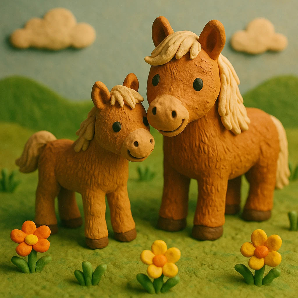 foal and mare together, cute and cheerful, detailed fur, in a grassy meadow, claymation style emoji
