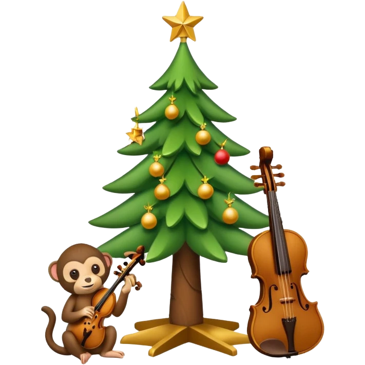 A cute, minimal emoji-style Christmas tree with a bright green triangular shape decorated, a wooden violin replacing the trunk, and a small playful monkey sitting at the very top carefully placing a golden Christmas star emoji