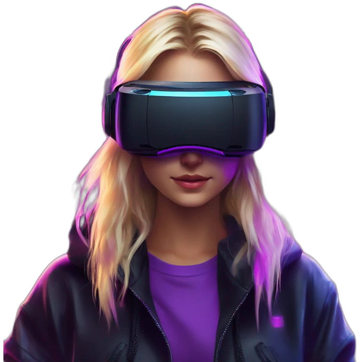 Russian blondy girl celebrating her birthday wearing a black hoodie and VR headset in a cyberpunk VR environment with violet neon lighting emoji
