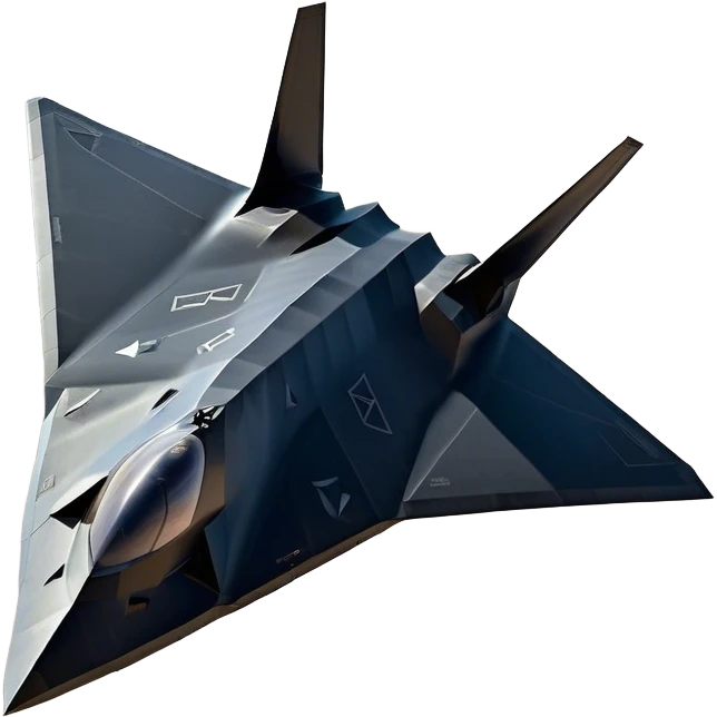 F-117 Nighthawk - Lockheed Martin (Stealth Grey) A futuristic stealth attack aircraft with a distinct faceted, angular design in a stealthy matte grey. Its sharp, jagged edges and unconventional, almost alien-like shape make it look like a shadow cutting through the night sky. The surface should appear non-reflective with subtle panel lines. emoji