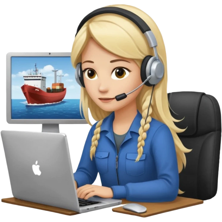 a blondie woman with long hair working with a computer laptop and a grains cargo vessel (boat) around emoji