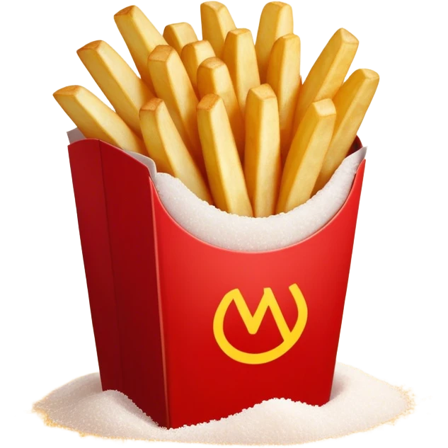 Cinematic crispy golden French fries, piled high, sprinkled with salt, served in a red carton, warm and inviting, rich golden hues, perfectly crunchy and delicious. emoji