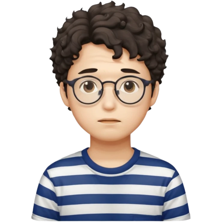 Korean male college student with a worried face , glasses with a bit curly hair, stripe t-shirt emoji