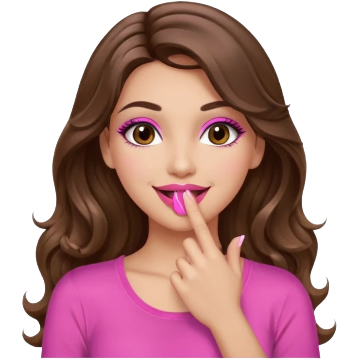 girl with long wavy brown hair, brown eyes, long lashes makeup, sexy pink lips, light to medium complexion, pink sexy top, smiling, hand covering mouth emoji