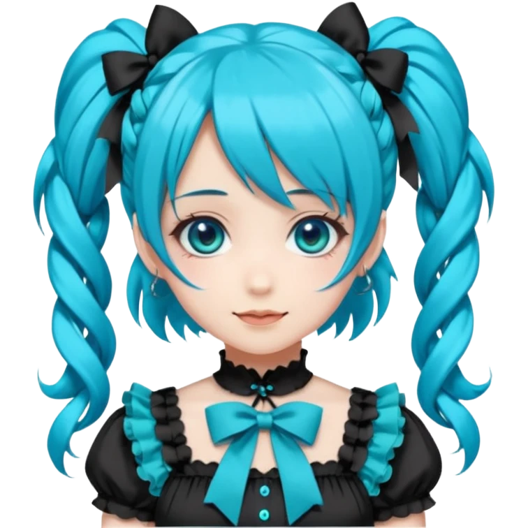 anime-style female character with bright turquoise hair styled in twin tails and matching blue eyes. Her outfit is a frilly turquoise and black dress in a Lolita-esque style, heavily contrasted with black ribbons and trim. A key detail is the "AWP" logo in black on the chest. VERY happy variant emoji