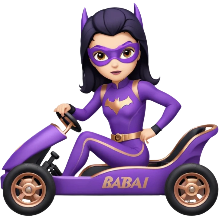 Hot full size real-appearance racing action BatGirl’s Lego feminine midnight-purple tight outfit sixty’s tv show 1992 stealthy retro sporty petite off-road pursuit hovering hover cruiser car rose gold accents (black hair,reclined and relaxed seating position and attitude) go kart  emoji