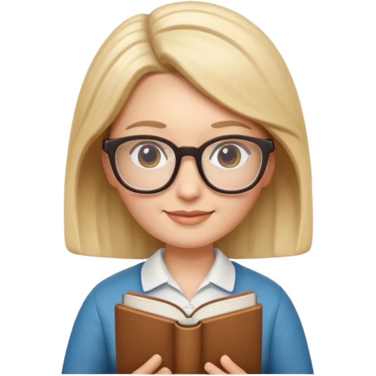Apple Memoji-style 3D emoji of a librarian wearing glasses holding a book, clean gradients, rounded shapes, no background. emoji