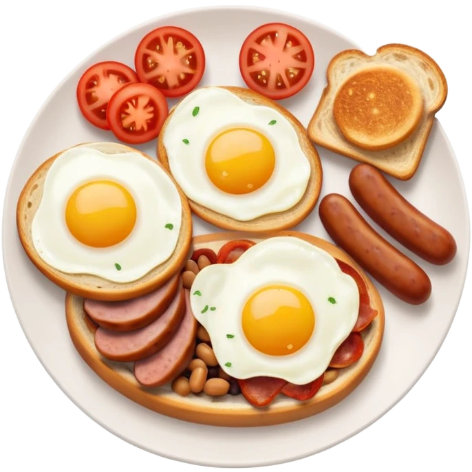 full English breakfast with eggs, bacon, sausage, beans, toast, and tomato, top-down view emoji
