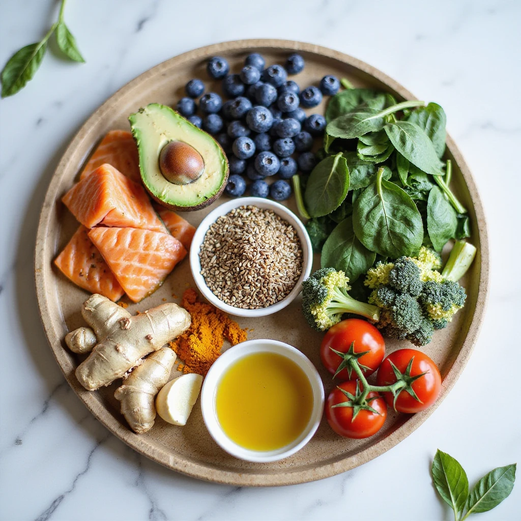 colorful board with a selection of anti-inflammatory foods: salmon, avocado, blueberries, spinach, walnuts, extra virgin olive oil, turmeric, ginger, tomatoes, broccoli, flax seeds, garlic, light background, fresh atmosphere, realistic details emoji