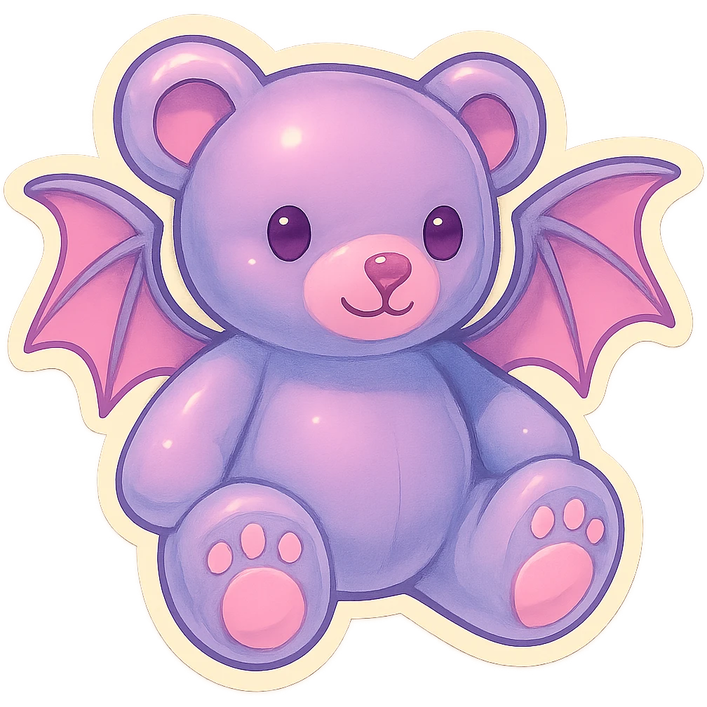 Change to pastel goth colors, keep gothic teddy bear with bat wings, retro stickers style, no background. emoji