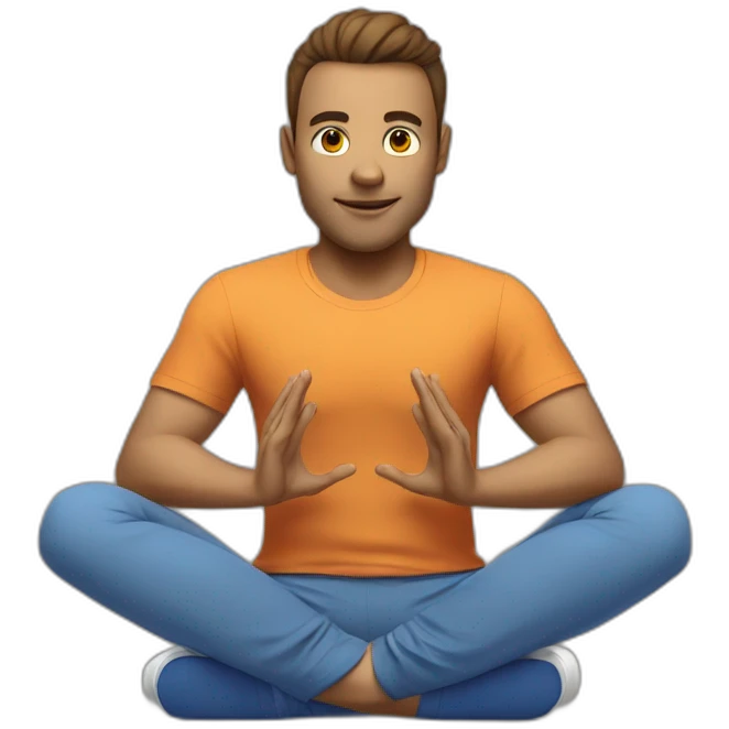 a gamer is sitting at a computer in a yoga pose in a blue T-shirt emoji