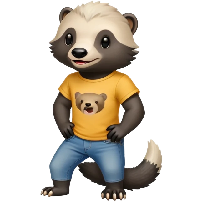 mischievous anthropomorphised honey badger in jeans and a t-shirt, playful expression emoji