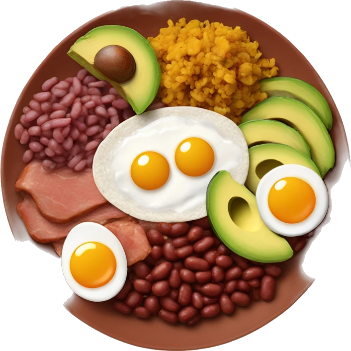 A plate with red beans, chorizo, rice, a fried egg, avocado, mince, pork belly and plantain in a plate emoji