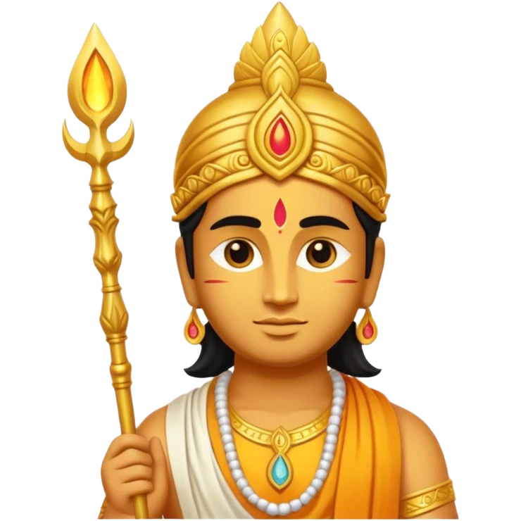 A minimal, divine emoji-style illustration of Lord Murugan, serene face, glowing vel (spear) symbol, bright golden aura, vibrant colors, simple rounded emoji design, high clarity, spiritual and peaceful expression, white background. emoji