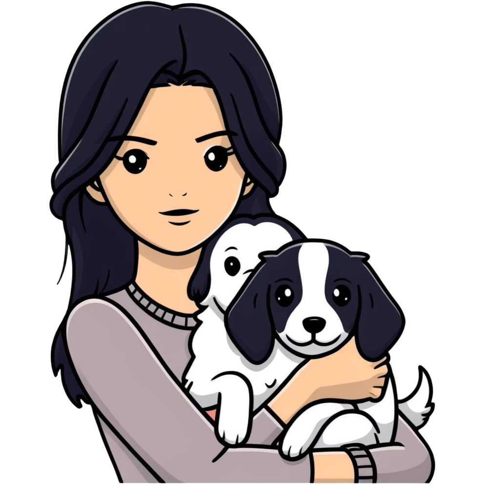 Kendall Jenner with long black hair holding a black Cane Corso dog emoji