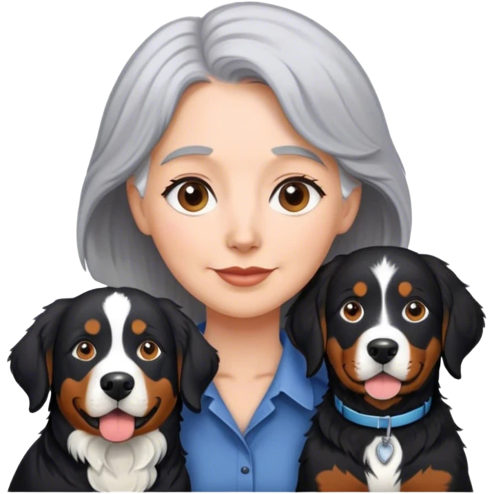 Gray hair Woman and black lab and Bernese mountain dog emoji