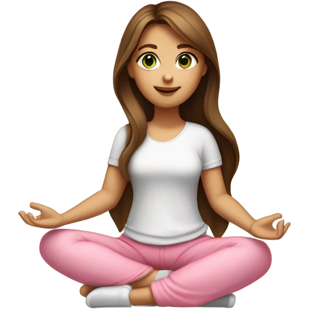 A girl with brown long hair, fair skin and green eyes is sitting in a lotus position in a white top and pink skirts emoji