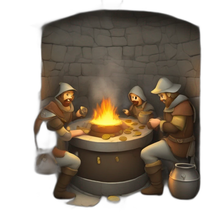 inside of a medieval mint showing different people working creating coins with a furnace emoji