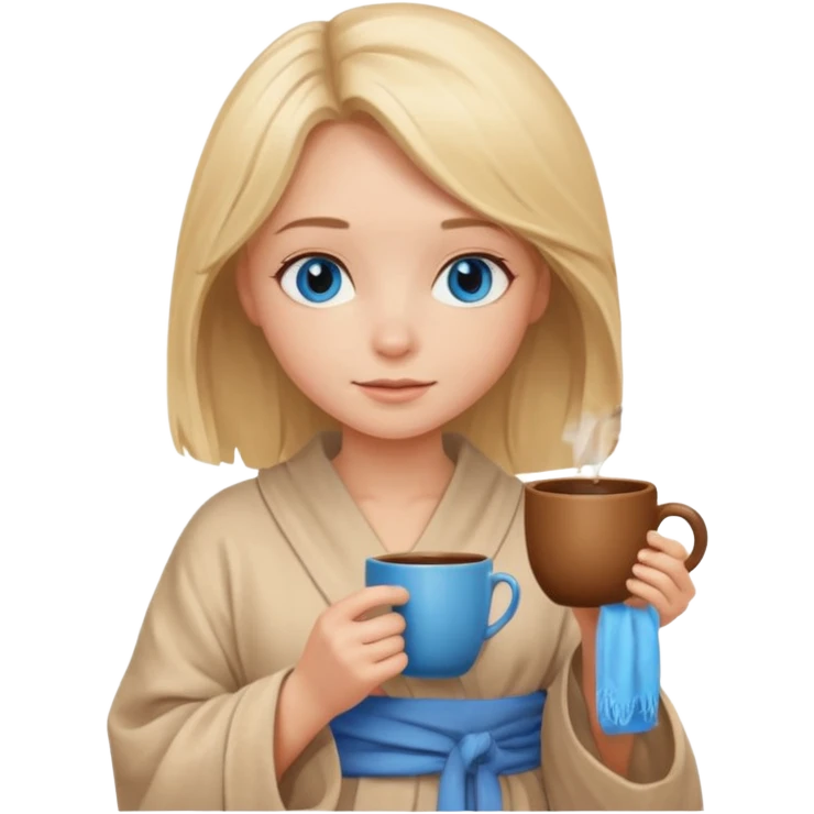 cozy blonde girl with middle length hair and blue eyes holds a brown cup in abeige  robe emoji